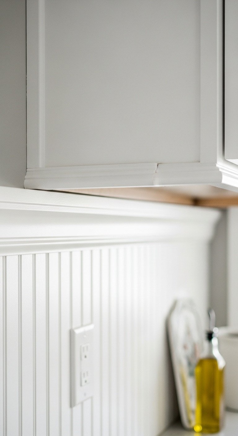 Elegant white base cap molding atop beadboard backsplash, creating smooth transition; includes oil bottle, small artwork.