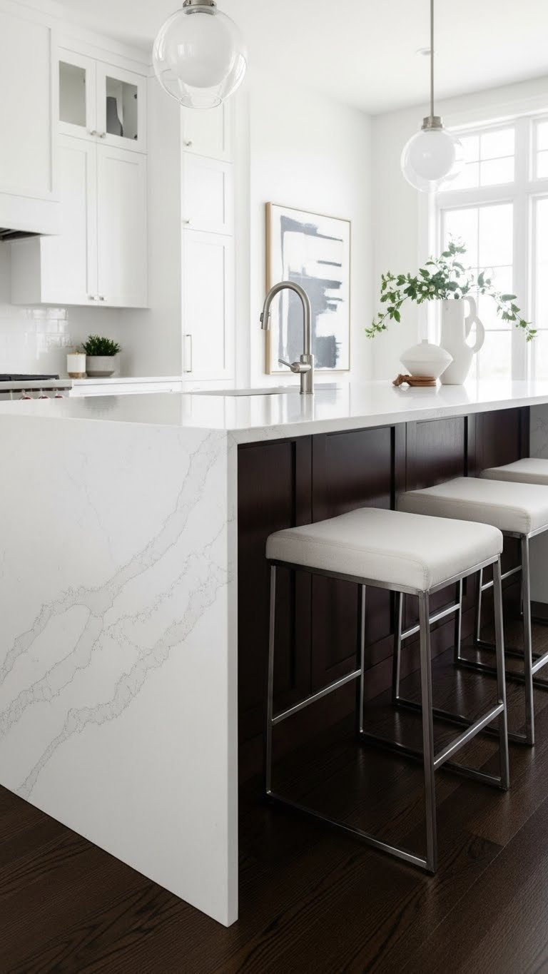 Elegant white quartz waterfall island, seamless design. Dark hardwood floor, sleek cabinetry. Crisp whites & deep browns.
