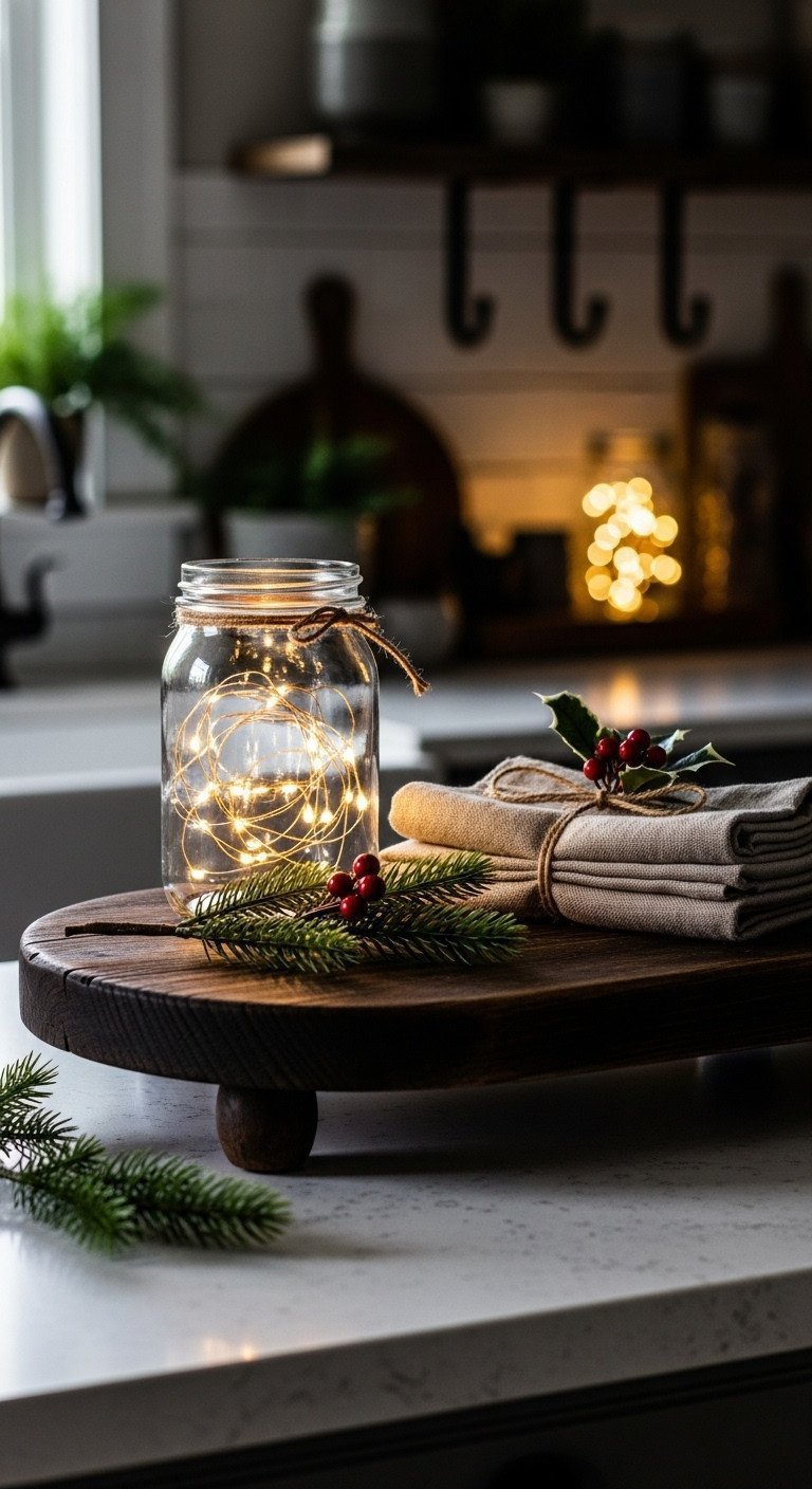 Elevated Rustic Christmas vignette on a dark wooden cutting board with fairy lights, linen towels, and faux holly.