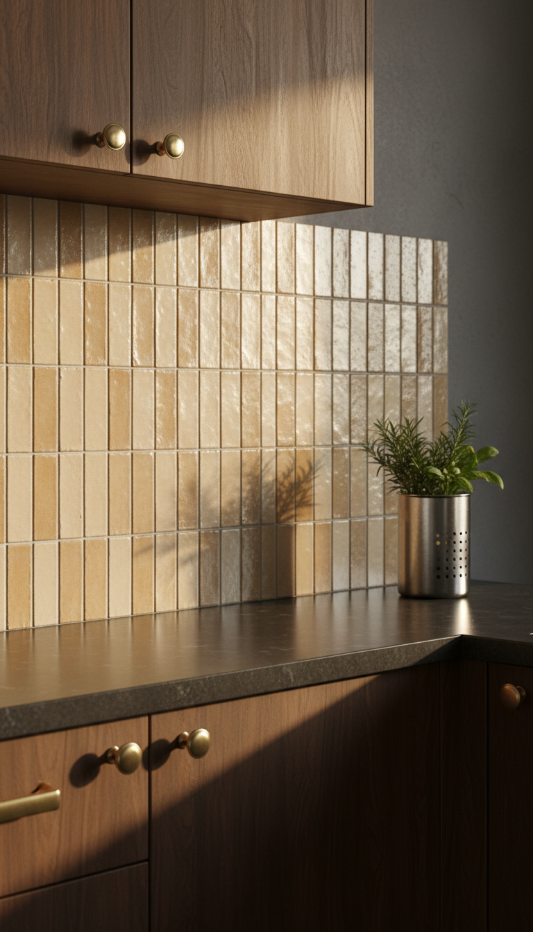Elongated zellige tile backsplash in a stacked pattern with dark wood cabinets, stainless steel holder, warm light.