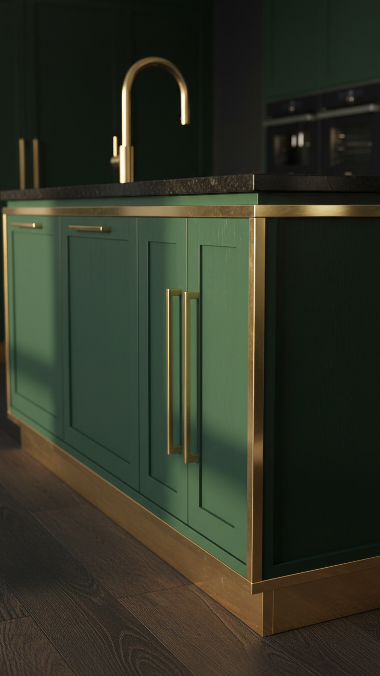 Emerald green kitchen island with bespoke brass inlays, modern cabinet pulls, polished stone countertop, and brass mixer tap.