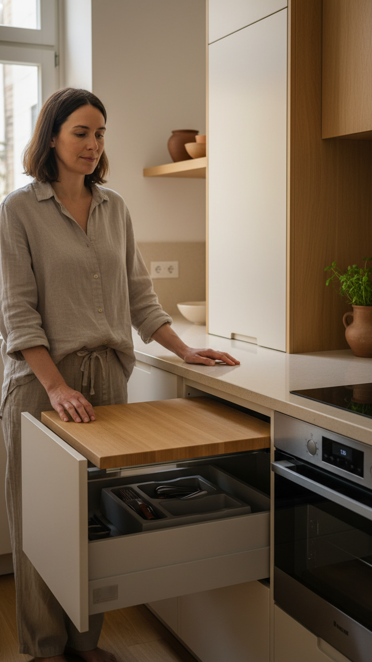 Ergonomic kitchen design: person at ideal height counter, pull-out drawers, integrated appliances. Comfortable workflow optimization, natural light.