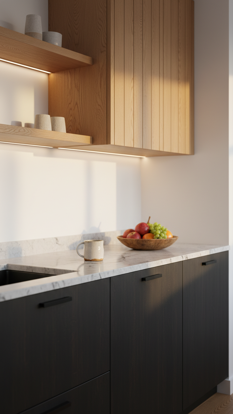 Moody Two Tone Kitchen Cabinets: 9 Essential Design Ideas 3 Espresso dark brown lower cabinets with warm natural oak floating shelves, light gray stone countertop, and minimalist decor in a cozy two-tone kitchen.