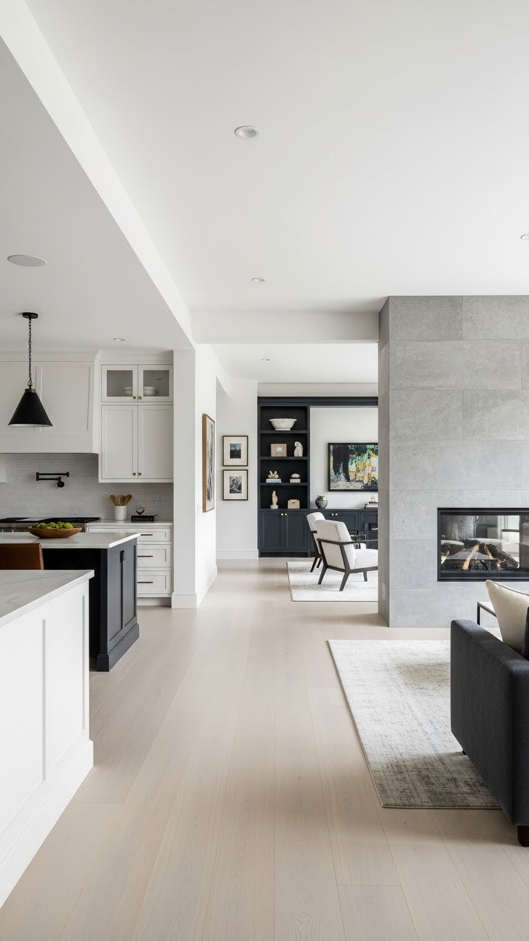 Expansive open living room with floor-to-ceiling stone fireplace, distinct zones, sectional sofa, and light wood floors.