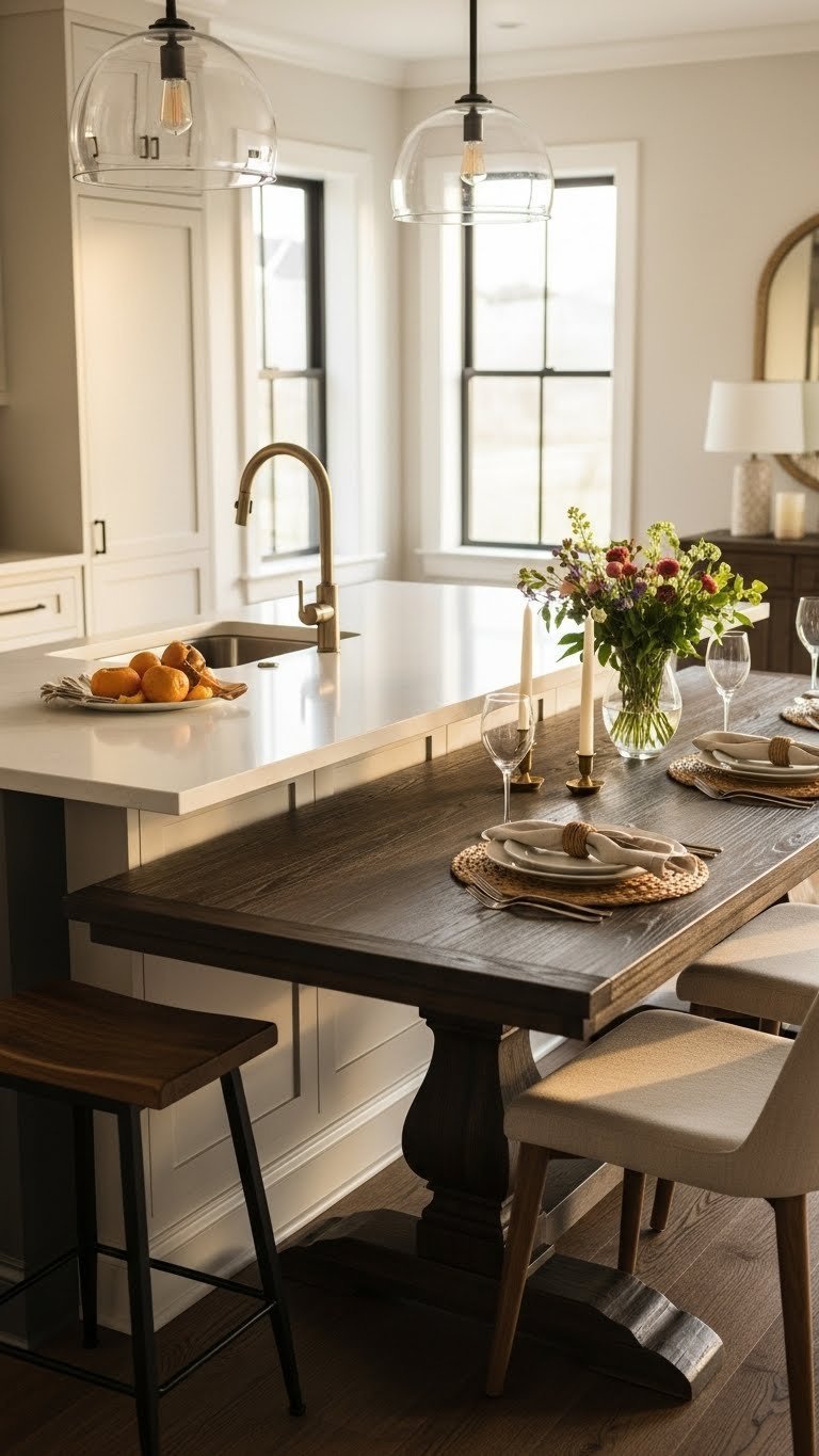 9 Island Design Ideas For Open Kitchen Living Room 7 Extended kitchen island seamlessly blends white stone countertop into a rustic wooden dining table with modern chairs, warm ambiance.