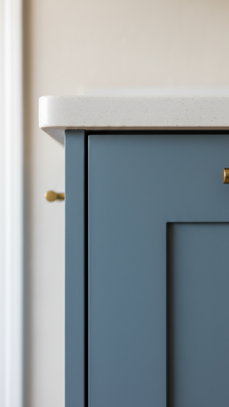 Extreme close-up of a seamless flat-panel matte muted blue kitchen cabinet door, showcasing its velvety texture and modern finish.