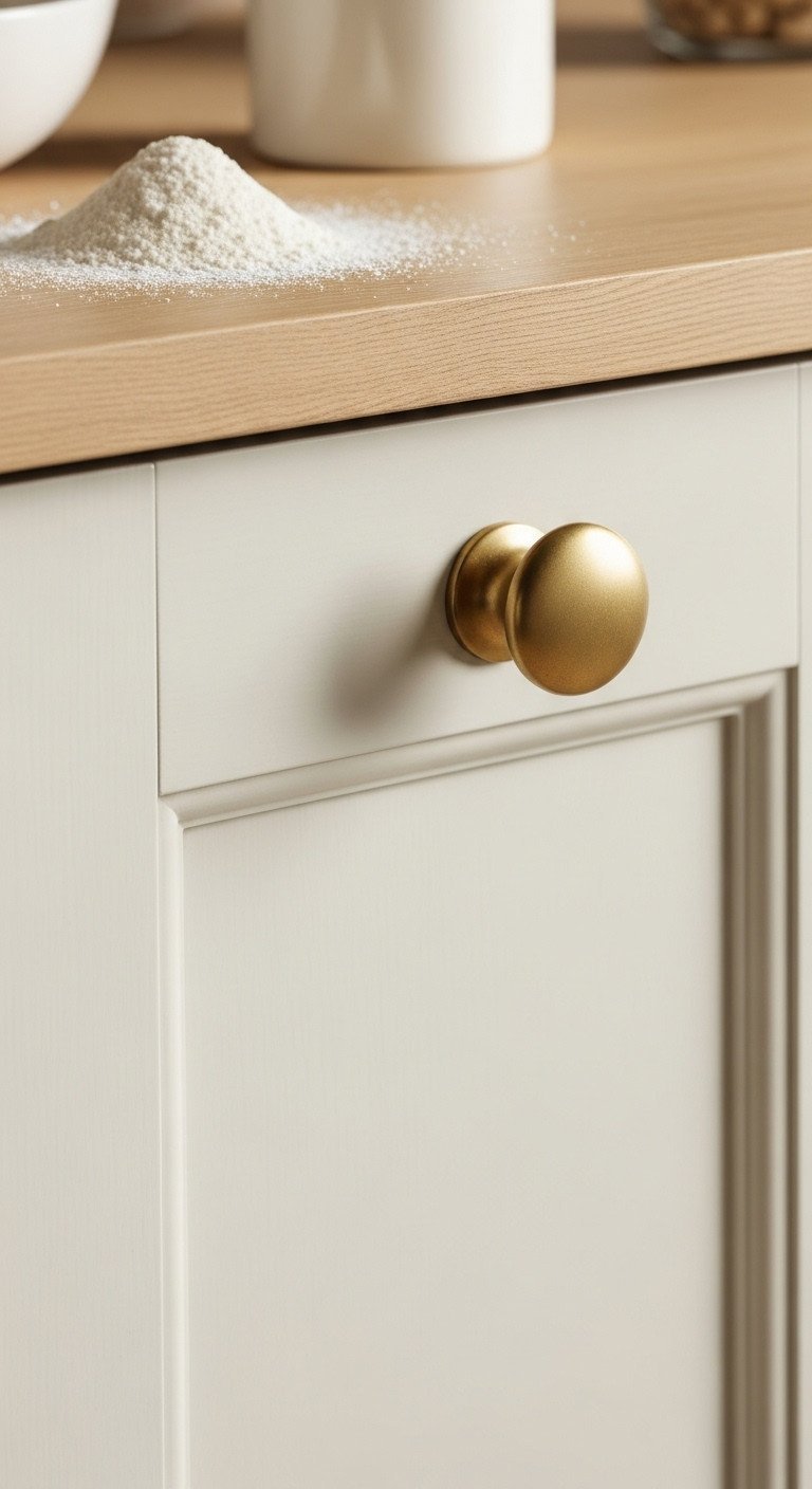 Extreme close-up of cream cabinet door showcasing smooth satin paint finish and subtle sheen, clean fingerprint-free surface, even light.