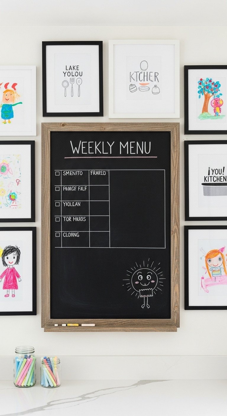 Family-friendly kitchen gallery wall with a large chalkboard menu surrounded by colorful framed kids' art and prints.