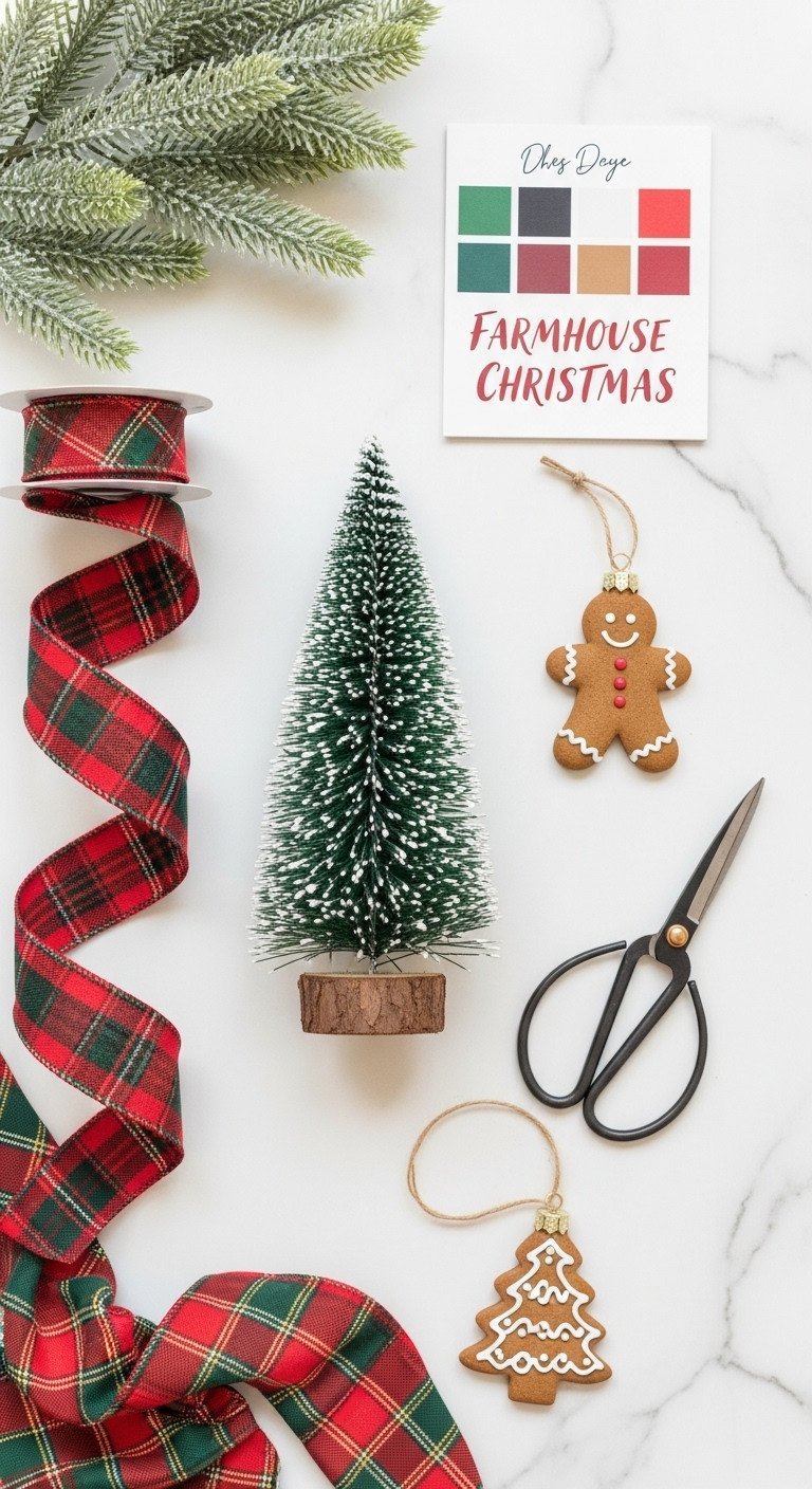 Farmhouse Christmas hutch planning flat lay with red plaid ribbon, flocked pine tree, and gingerbread ornament. Cozy holiday decor mood board.