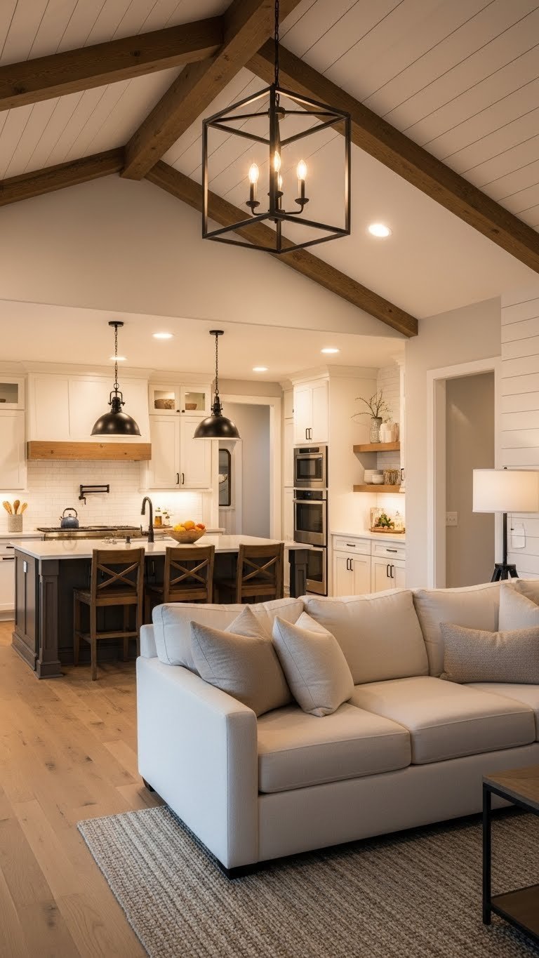 Farmhouse open concept kitchen and living room lighting. Matte black pendants, recessed lights, floor lamp define areas.