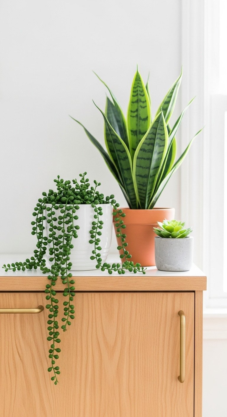 Faux snake plant, string of pearls, and succulent in modern pots decorate the top of light wood cabinets in a Scandi kitchen.