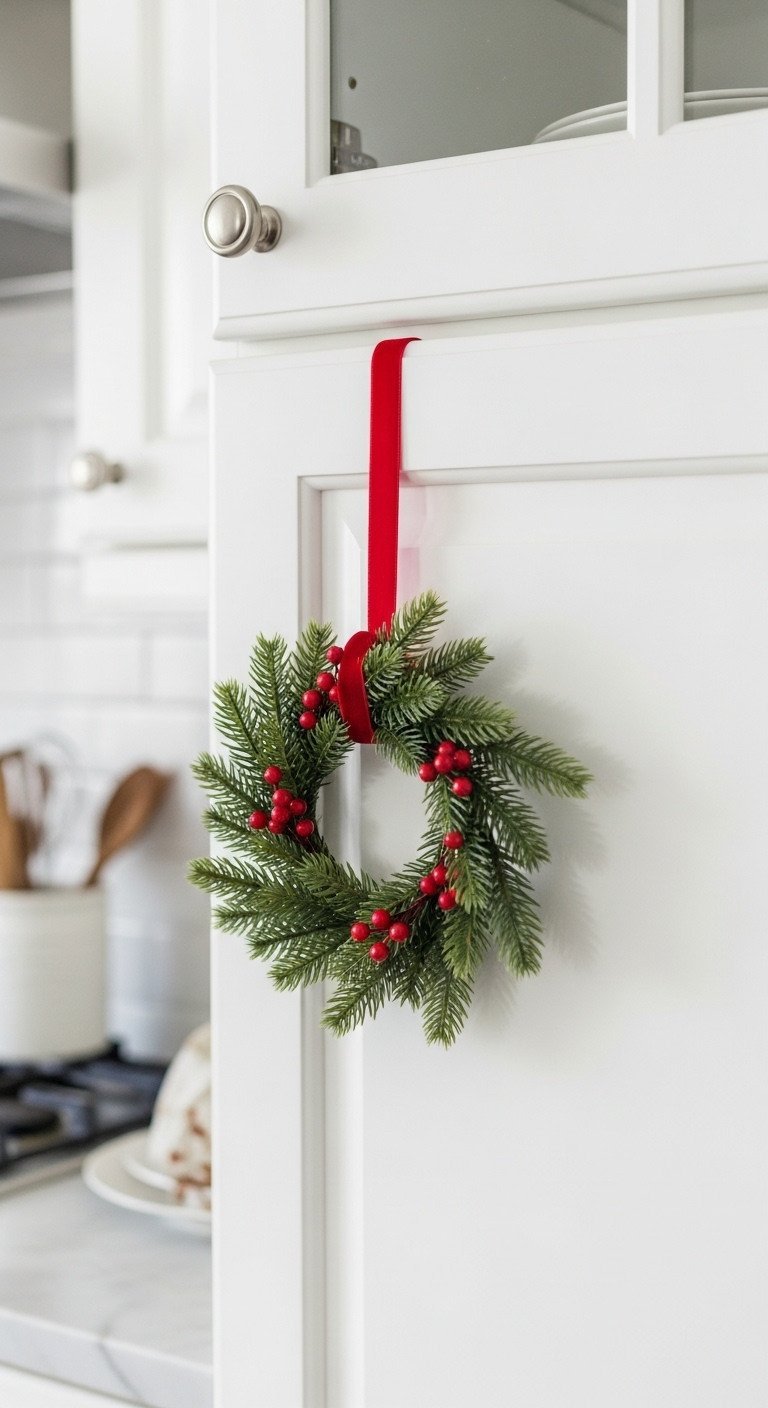 Festive 10-inch holiday pine wreath with red berries and velvet ribbon on a white shaker kitchen cabinet door, cozy Christmas decor.