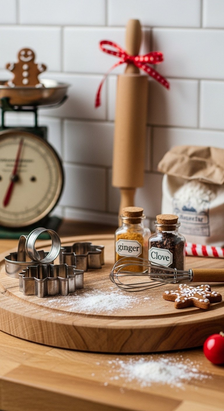 Festive Baking Christmas decor on a round wooden cutting board with vintage cookie cutters, spice jars, and a rolling pin.