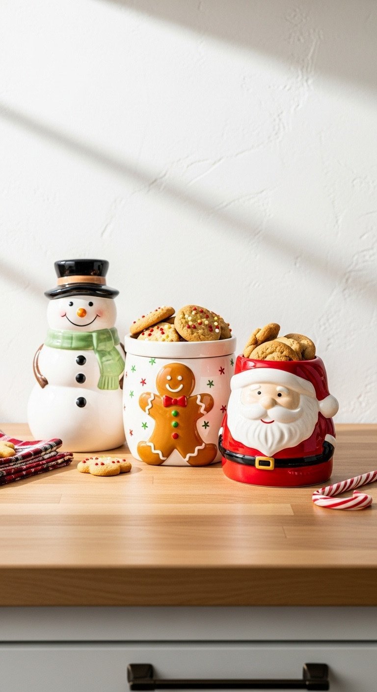 Festive ceramic snowman, gingerbread man, Santa cookie jars filled with colorful holiday cookies on butcher block counter.