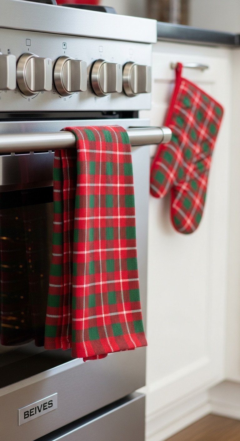 Festive red and green plaid dish towel draped over a stainless steel oven handle for a simple, elegant holiday kitchen touch.