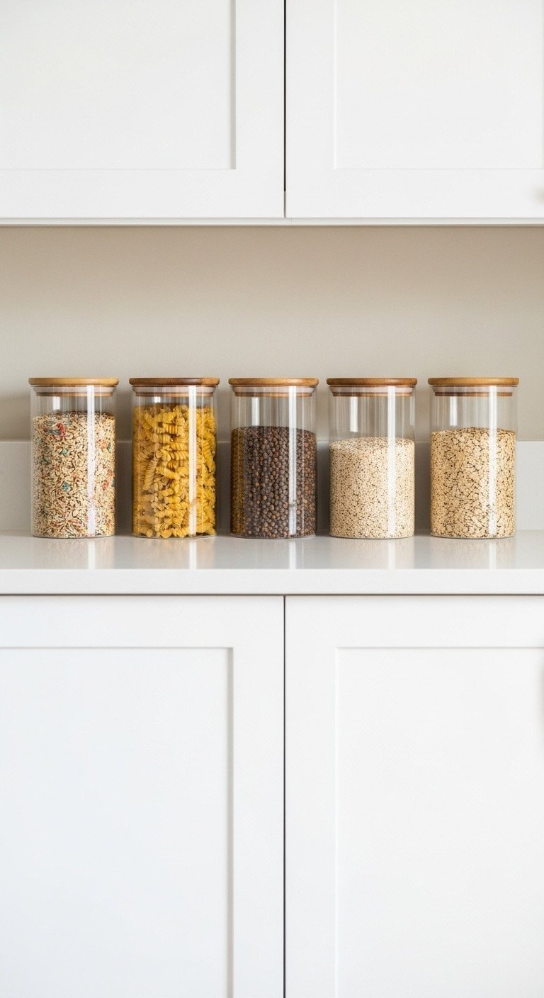Five glass jars with acacia wood lids, filled with pasta and lentils, organized in a row on top of white kitchen cabinets.