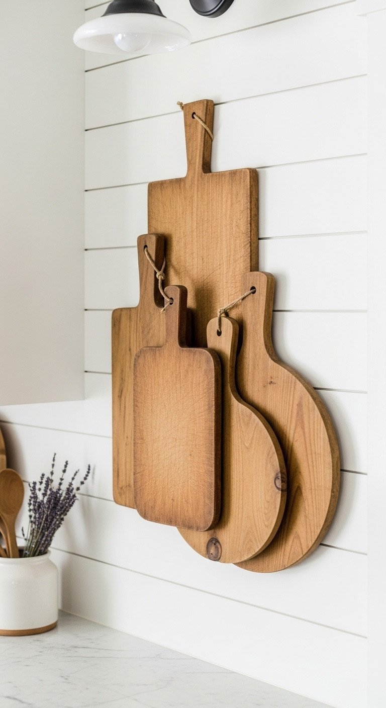Five vintage wooden cutting boards arranged as rustic wall decor on a white shiplap wall in a cozy farmhouse kitchen.