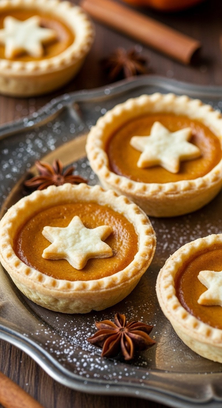 Flaky Crust Mini Pumpkin Tarts with smooth filling, star pastry cutout, powdered sugar on a silver platter.
