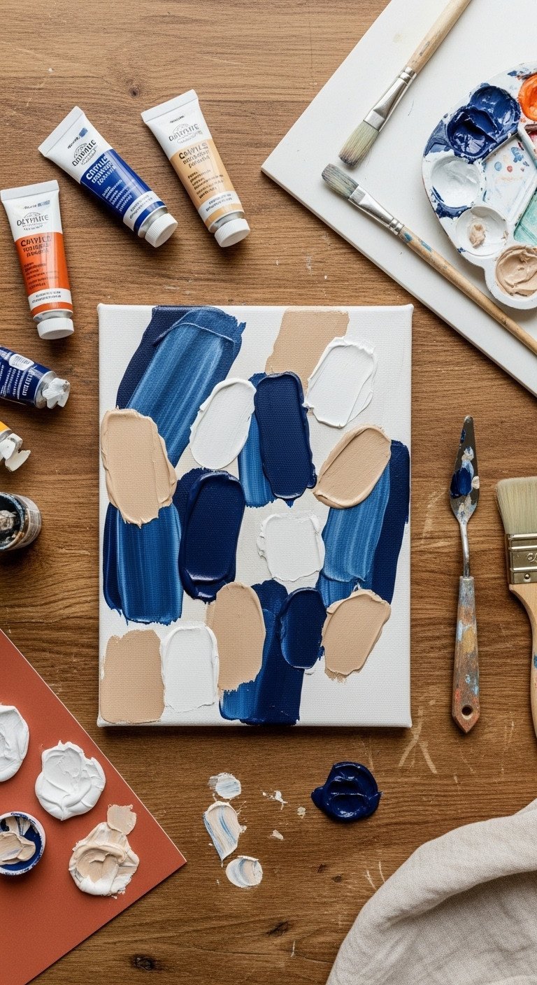 Stunning Navy Blue Kitchen Wall Decor And Styling Ideas 13 Flat lay of a DIY abstract canvas painting with navy, white, and beige paint, shown with brushes and a palette knife.