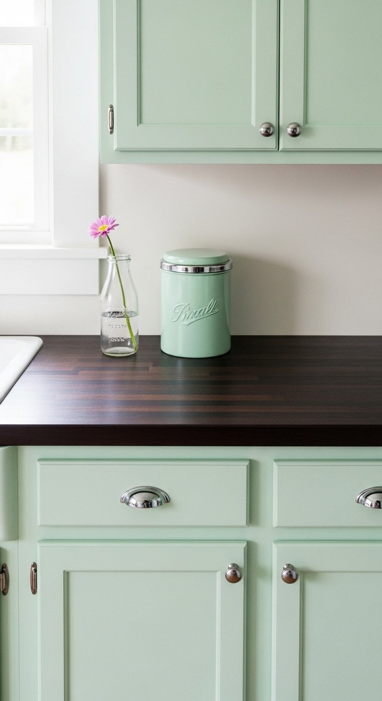 Gorgeous Green And Brown Kitchen Ideas That Wont Look Dark 15 Flat lay of a vintage-style kitchen with a dark espresso butcher block countertop over pastel mint green cabinets.