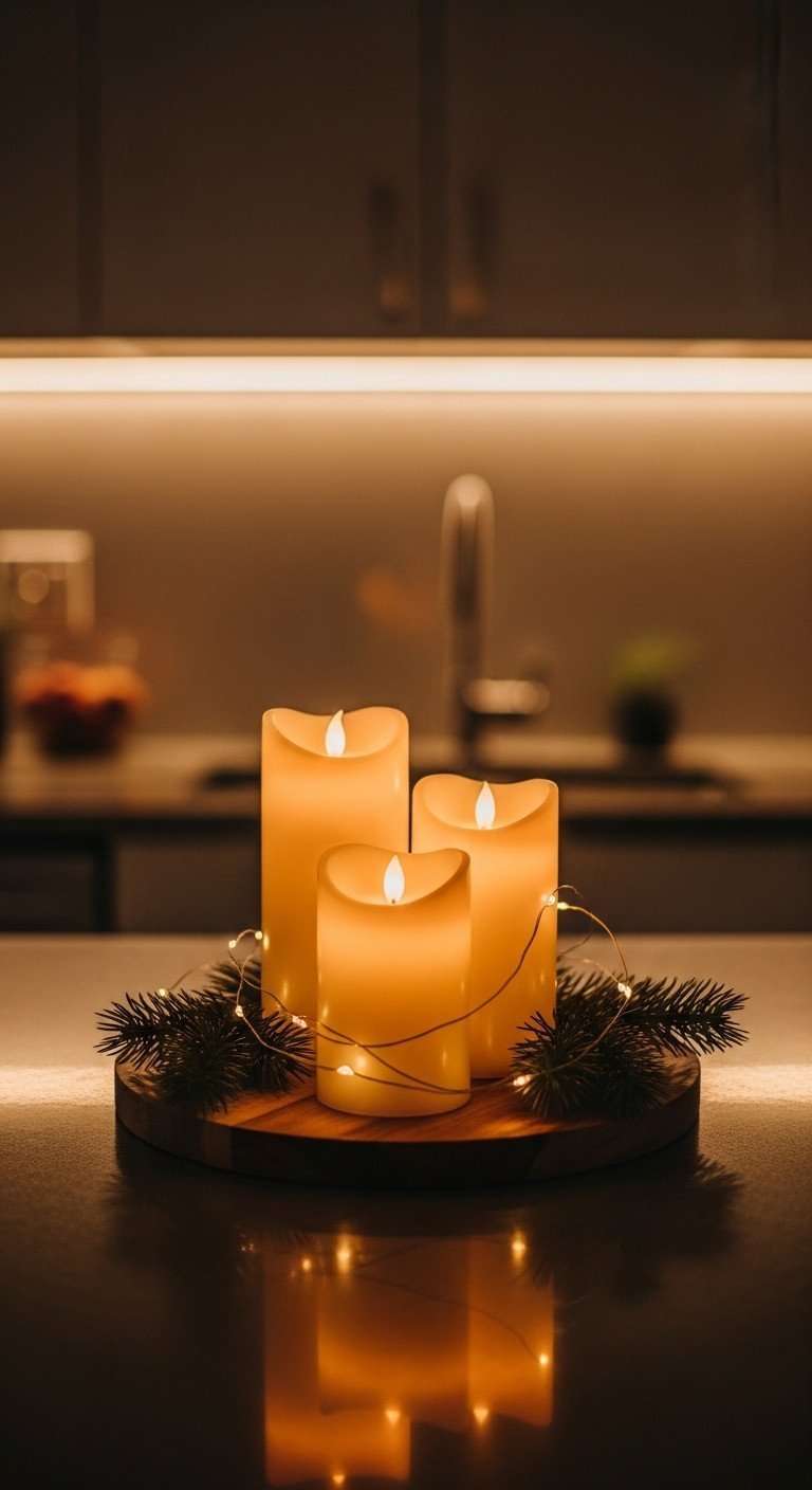 Flickering LED pillar candles on a rustic wooden trivet with pine sprigs and fairy lights on a warm kitchen bar counter.