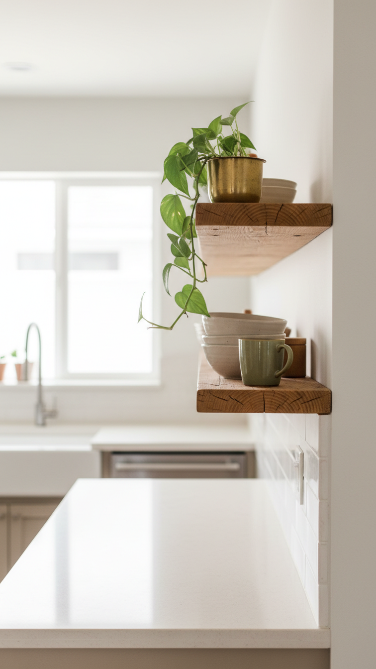 Floating reclaimed wood kitchen shelf with aged textures, paired with crisp white walls, minimalist dishes, and houseplant.
