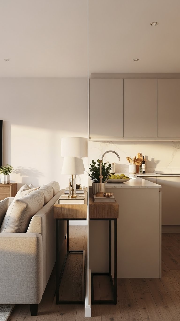 Floating wooden console table divides open plan kitchen and living room. Elegant decor with lamps, books, plants. Warm creams and metallic accents.