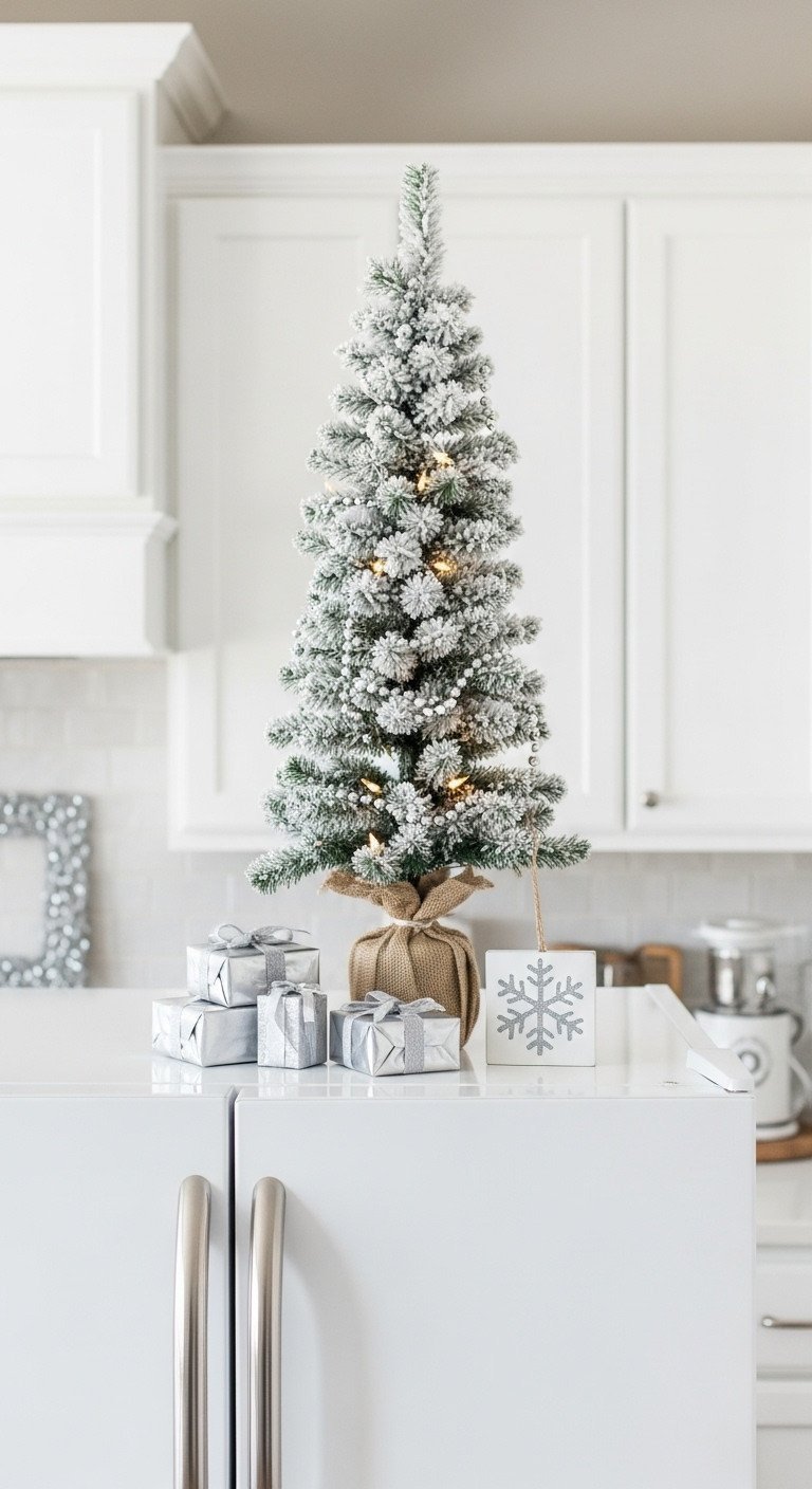 Flocked mini Christmas tree with silver beads and white lights on a kitchen appliance, elegant festive holiday decor.