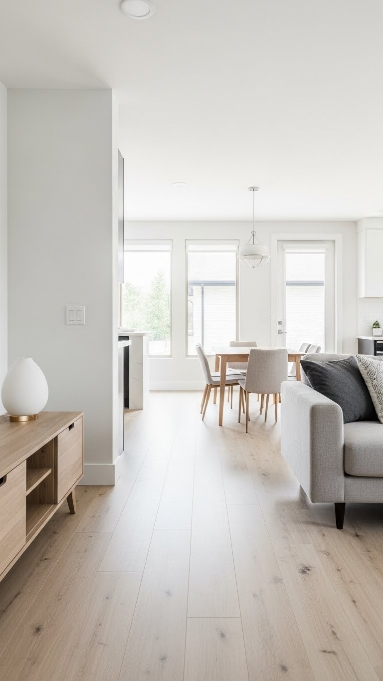Floor-level view of open concept farmhouse transition. Hardwood floors and a textured rug define the inviting space.