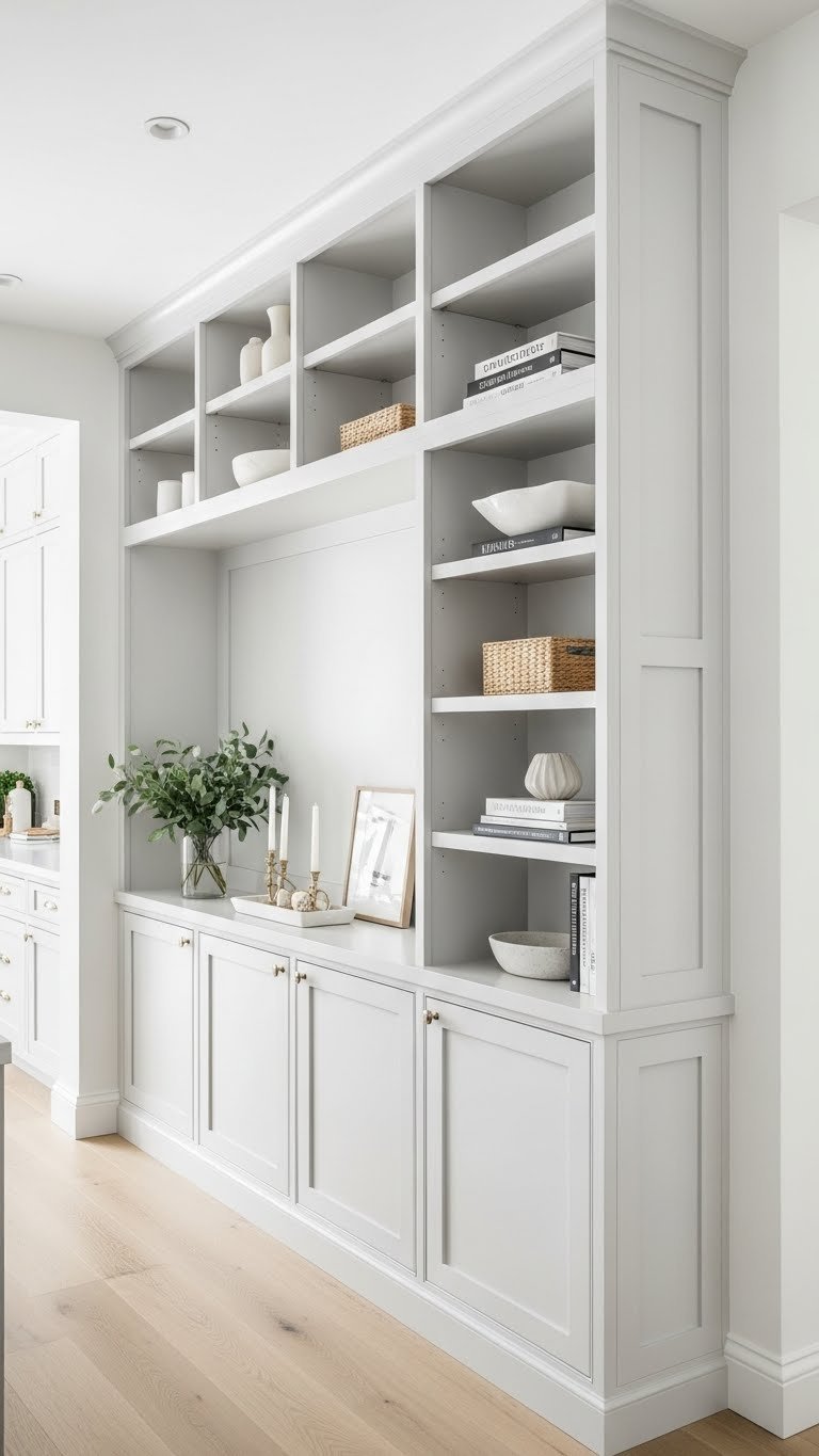 Floor-to-ceiling built-in storage unit partitioning kitchen living room, white cabinets, open shelves, modern design, wood floor.