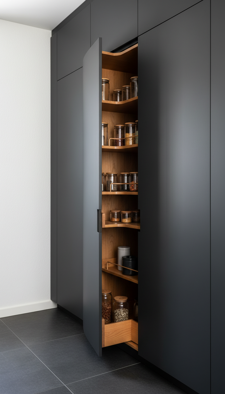Floor-to-ceiling curved charcoal matte pantry system with handleless design, revealing custom pull-out shelving.