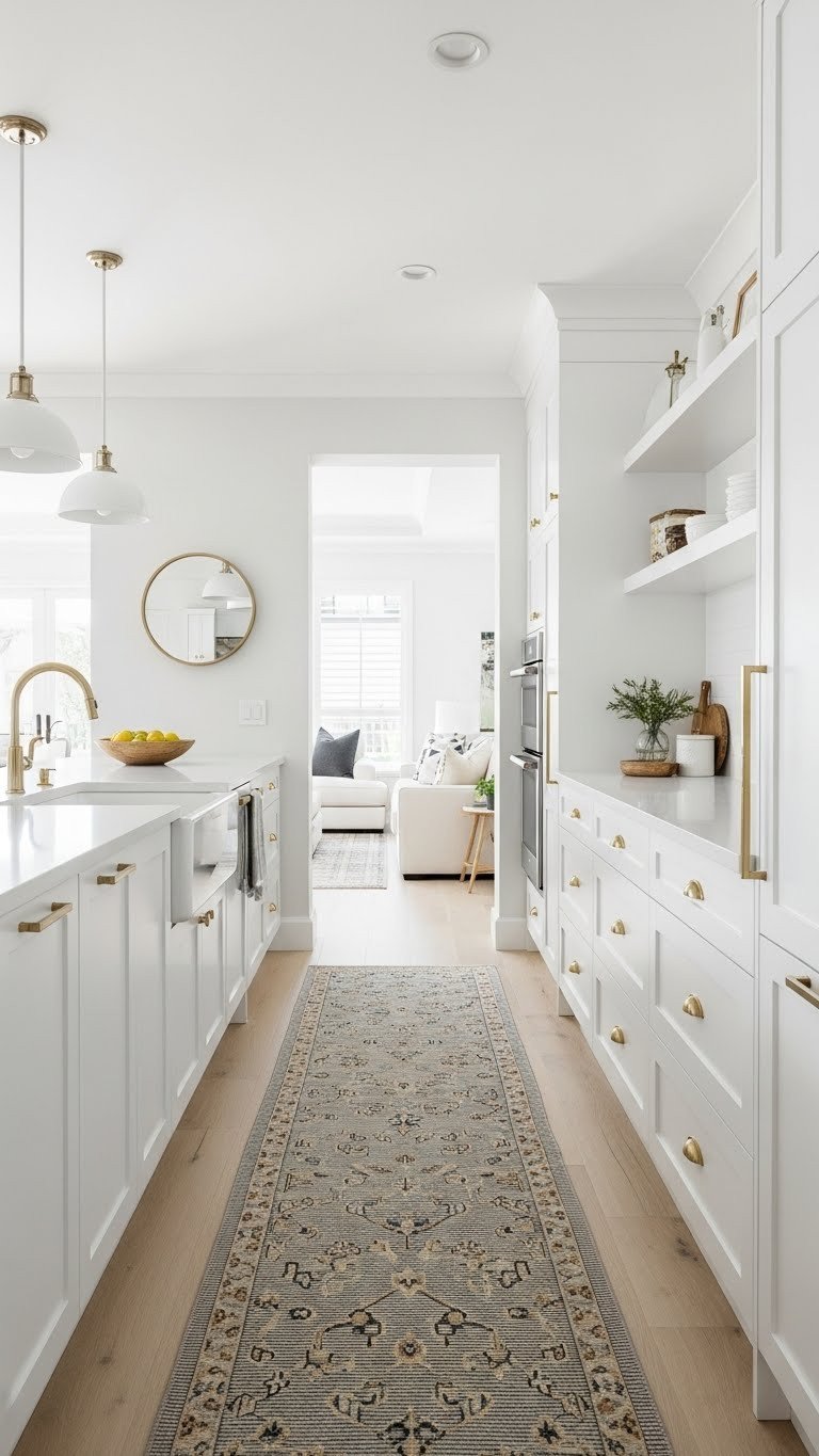 Floor-to-ceiling white storage cabinets create a sleek corridor in narrow open plan kitchen living. Modern minimalist design with light wood tones.