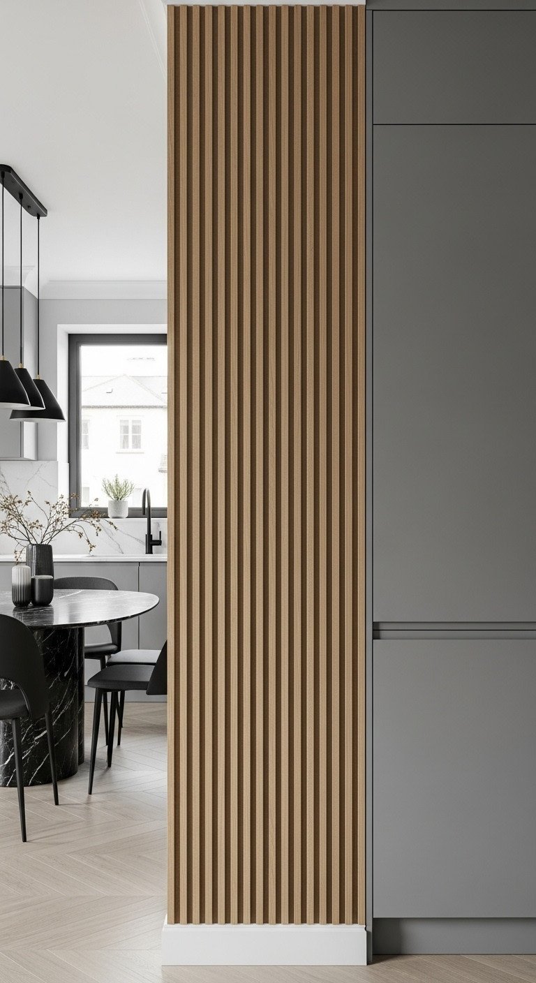Fluted wall panel of vertical light oak wood slats adds texture to a contemporary kitchen with a black marble table.