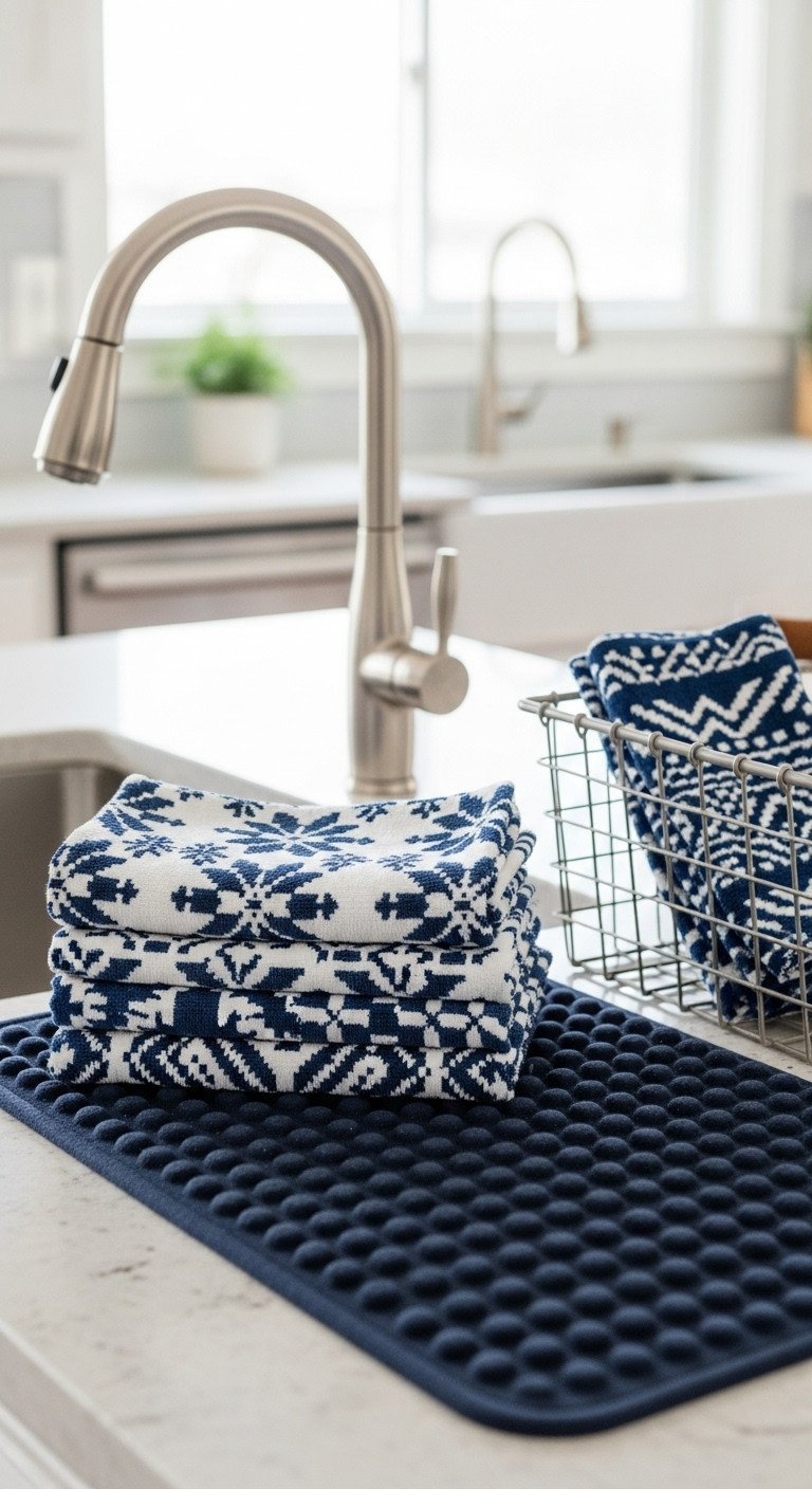 7 Elegant Navy Blue Christmas Kitchen Decor Secrets 13 Folded navy blue and white patterned Christmas dish towels with an anti-fatigue mat by a kitchen sink.