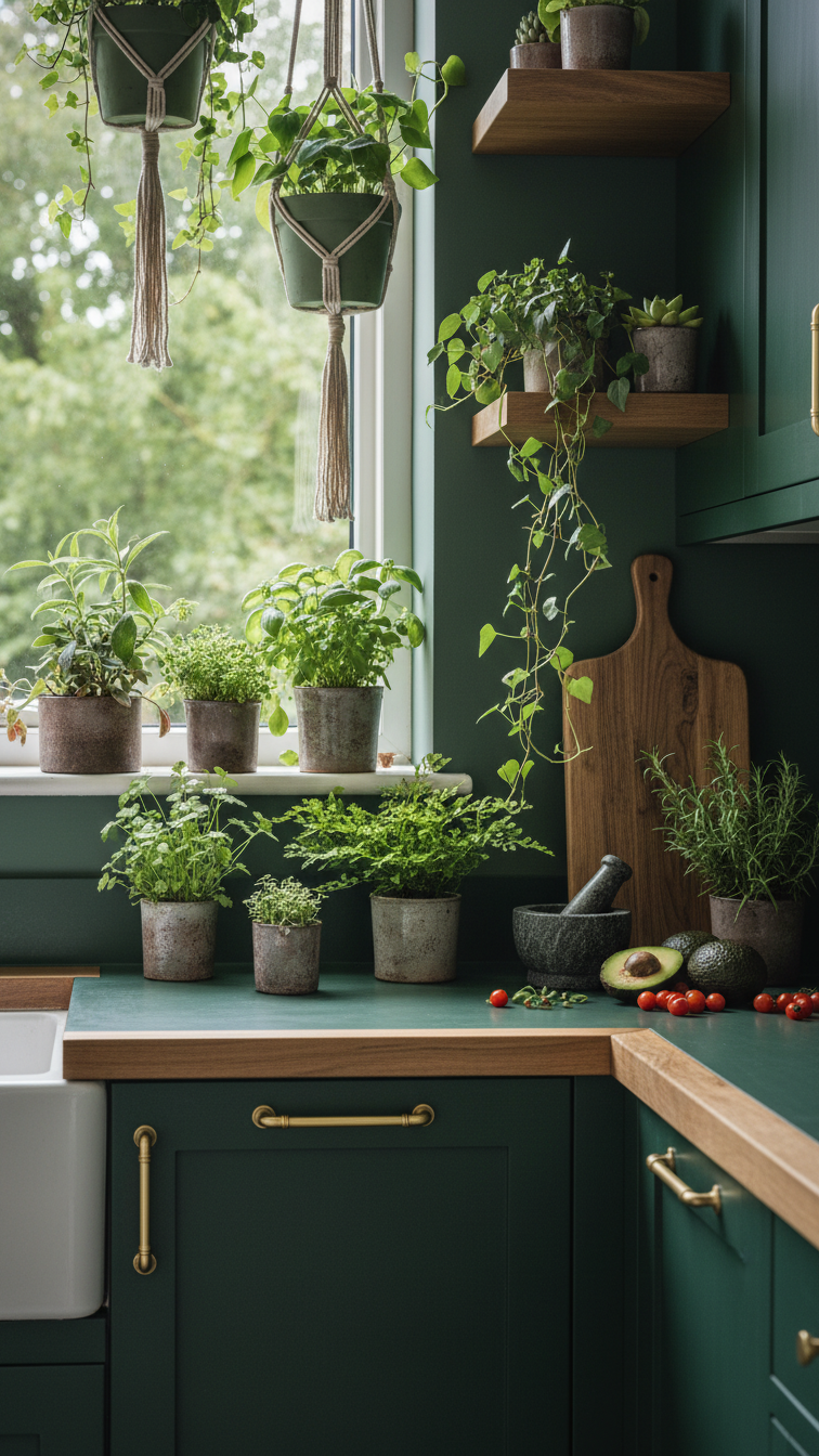 Forest green cabinets with live plants, herbs, natural wood cutting boards. Biophilic kitchen design, bright window light.