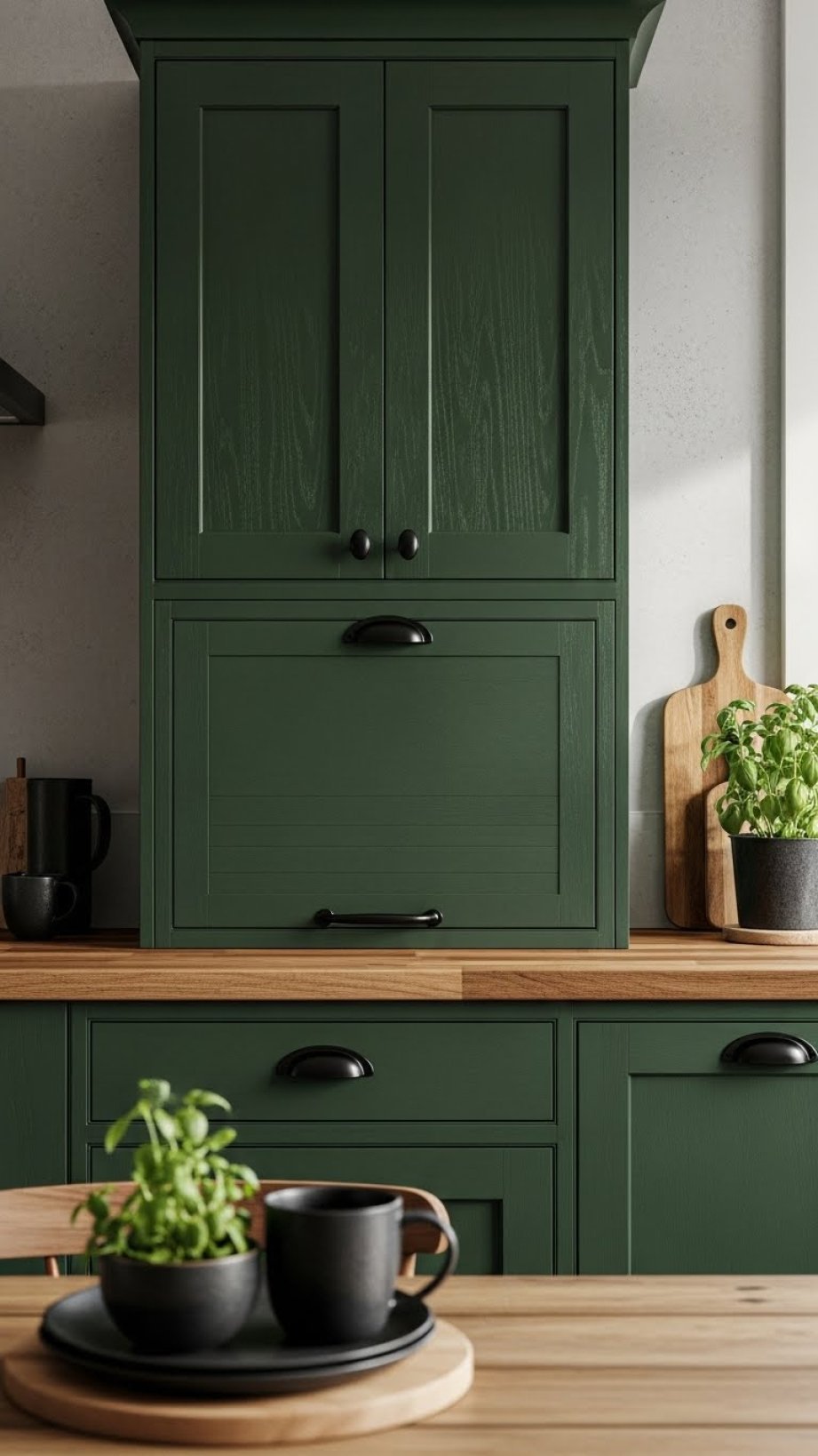 Forest green shaker cabinets, natural wood butcher block countertops, matte black hardware. Cozy kitchen with a potted herb and ceramic mugs.