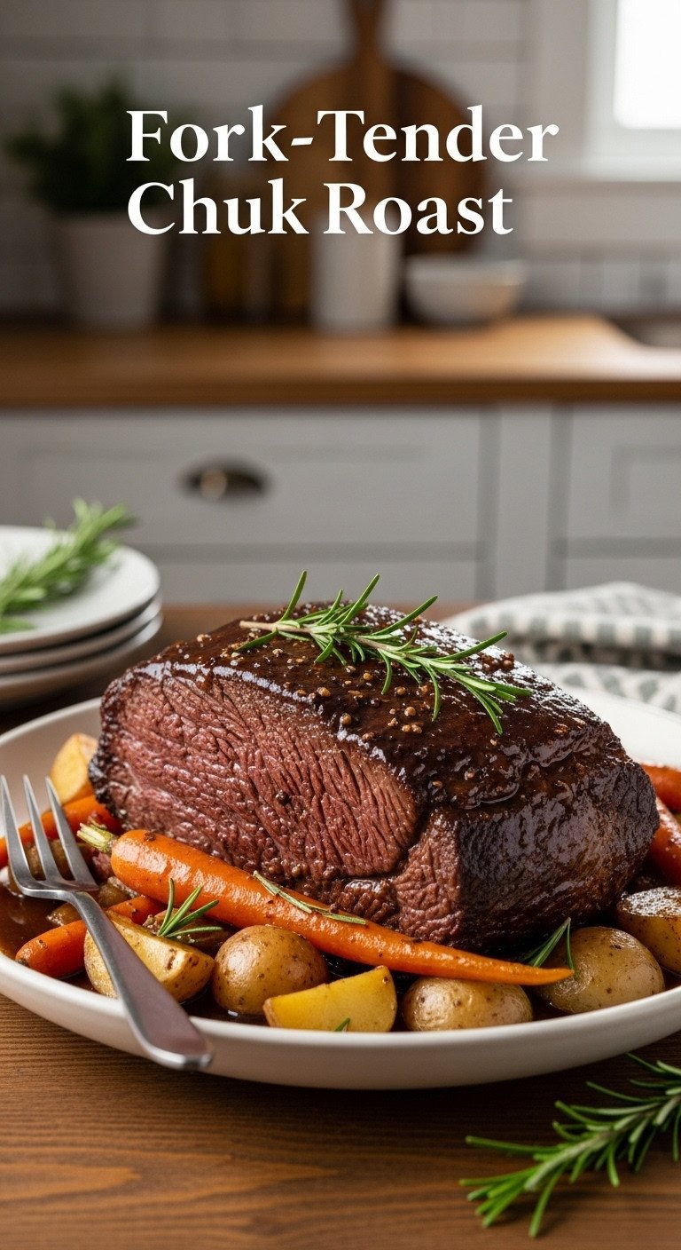 Fork-Tender Pot Roast recipe: caramelized beef chuck, tender carrots & potatoes, rich brown gravy, rosemary.