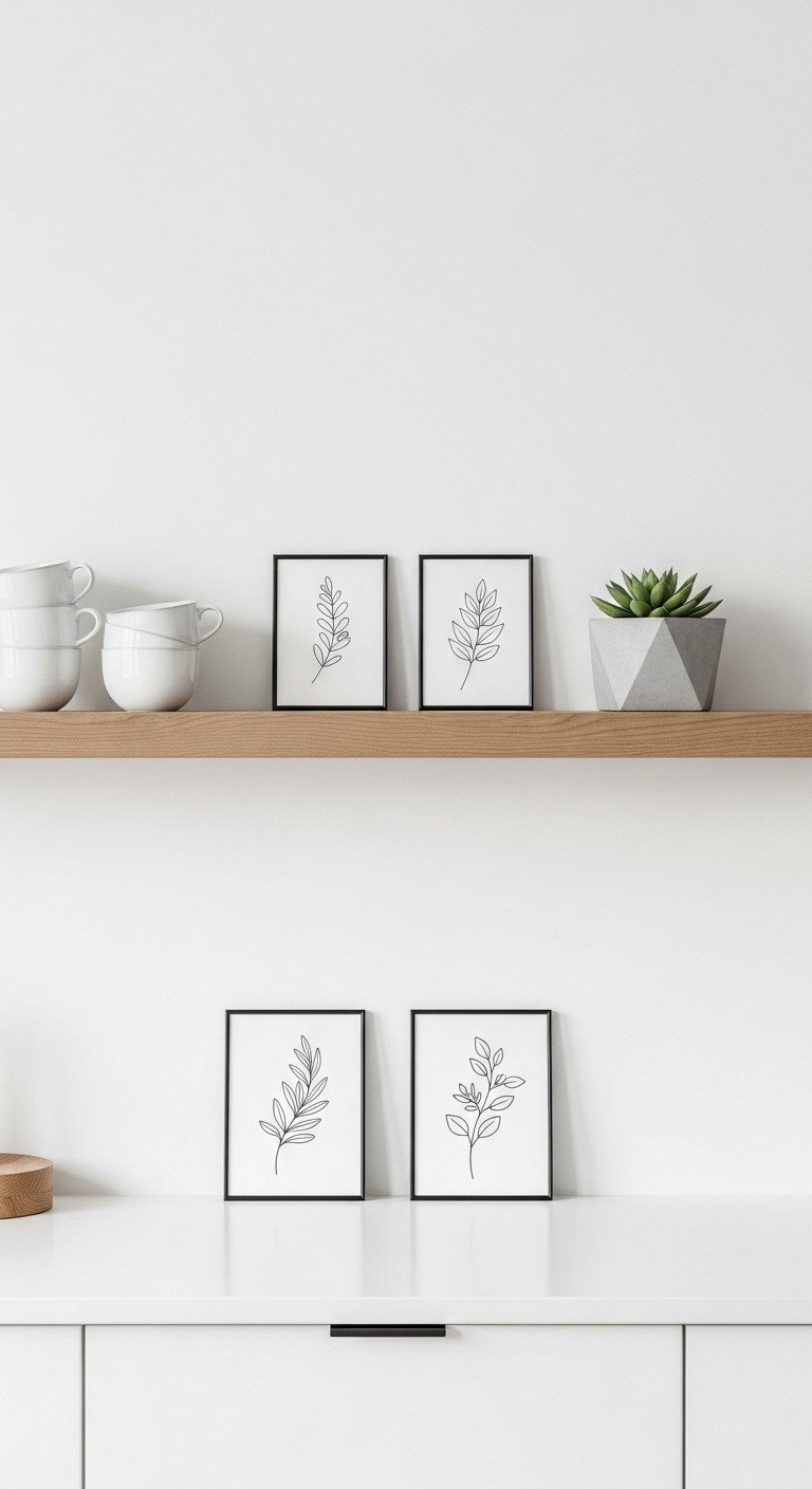 Four minimalist herb line art prints in black frames arranged on a floating wood shelf in a Scandinavian style kitchen.