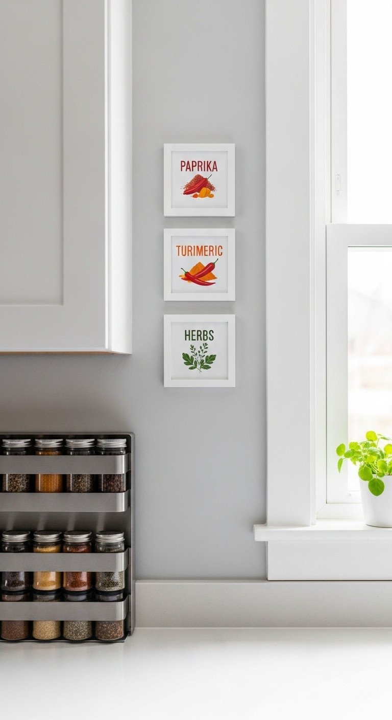 Four small, framed minimalist prints of spices hanging in a line on a gray wall in a contemporary kitchen.