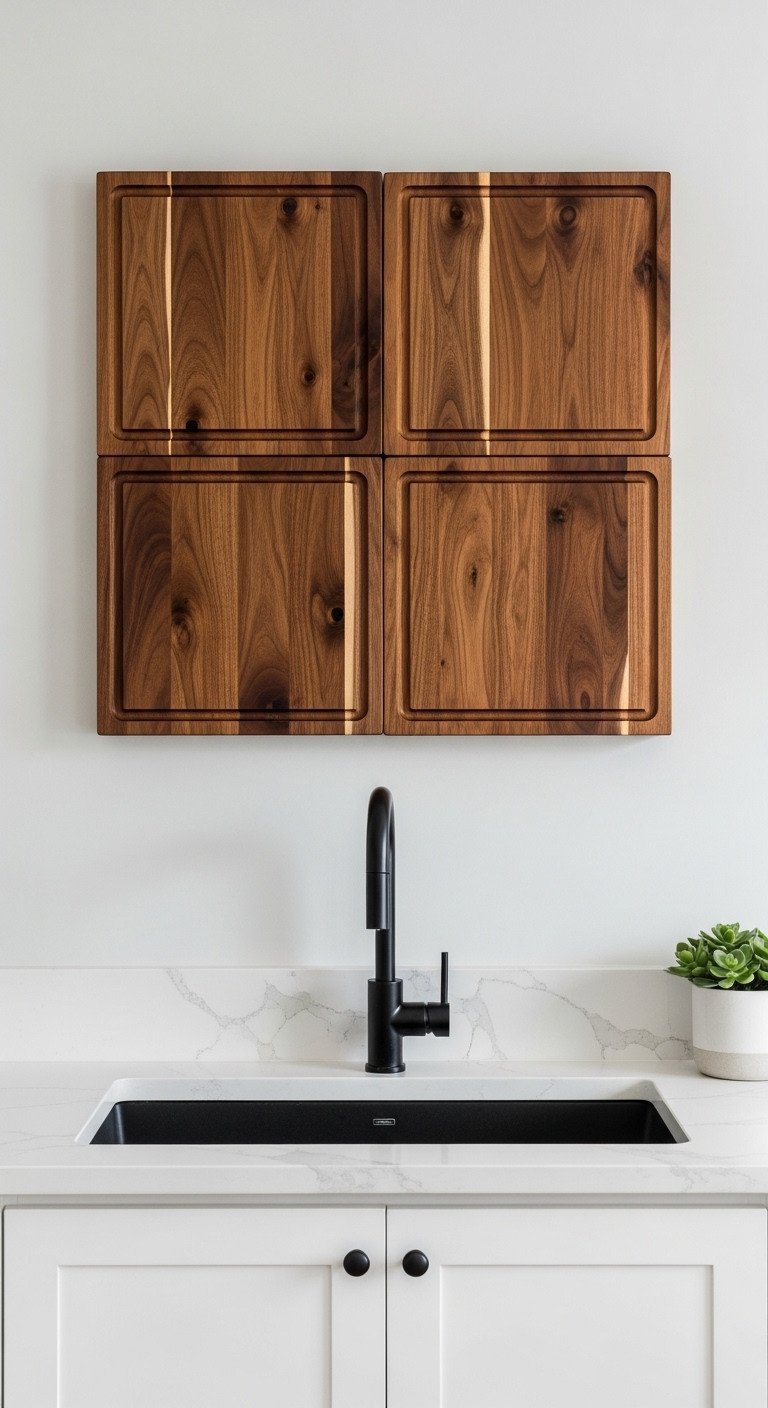 Four square dark acacia wood cutting boards arranged in a symmetrical grid on a light gray wall in a modern kitchen.