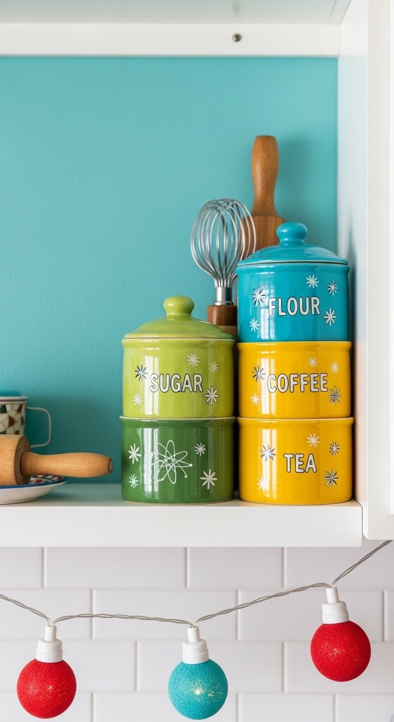 11 Ultimate Nostalgic Christmas Kitchen Decor Ideas 3 Four vintage tiered ceramic kitchen canisters with atomic starbursts, in 1960s turquoise and red, on a shelf with a rolling pin.