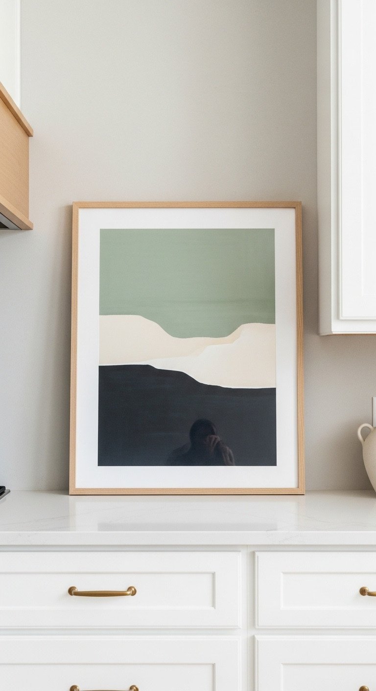 Framed abstract art with sage green and cream tones leans above white shaker cabinets in a bright, modern farmhouse kitchen.