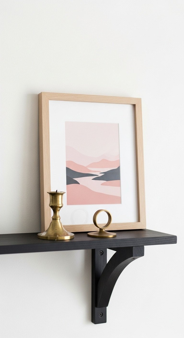 Framed abstract landscape art print with a light wood frame leaning on a black shelf, styled with a single brass candlestick.