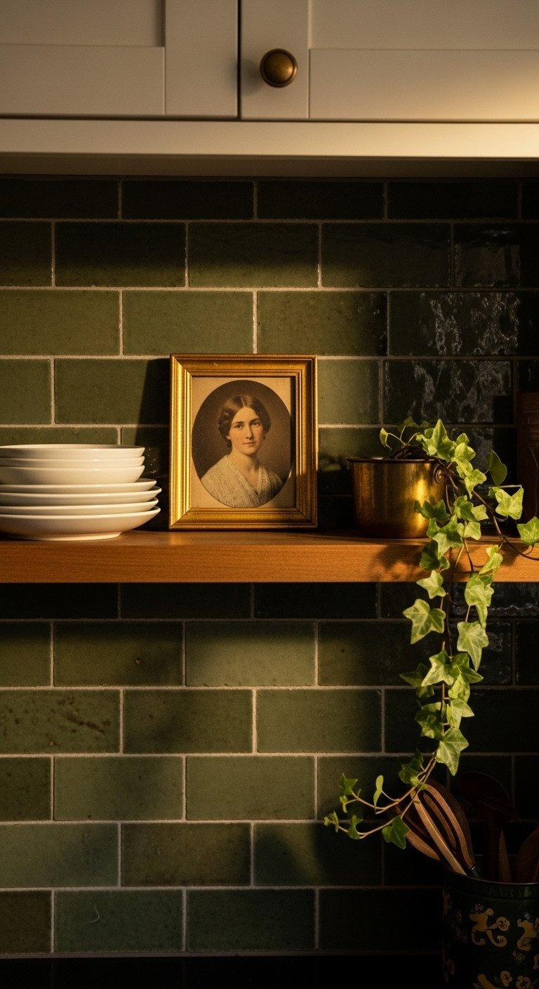 Framed antique portrait of a woman leaning on a wooden kitchen shelf with ceramic plates against dark green tile backsplash.