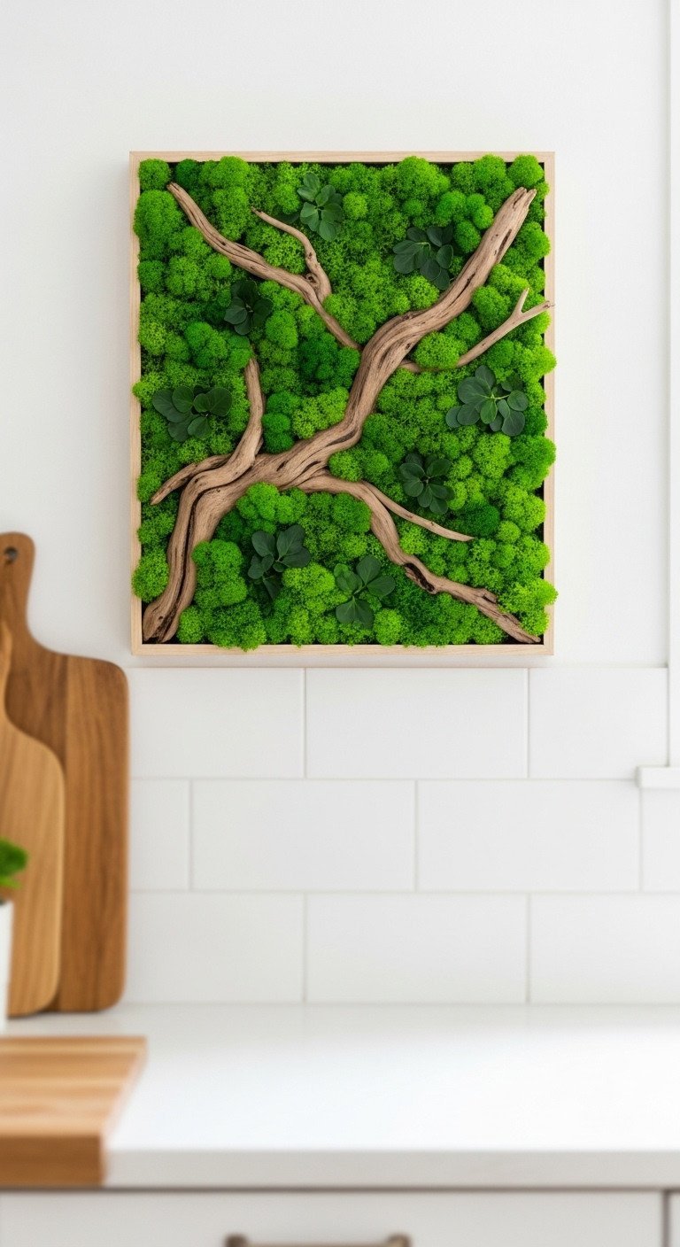 Framed biophilic wall art with lush preserved green moss and driftwood hangs on a white tiled wall in a bright kitchen.
