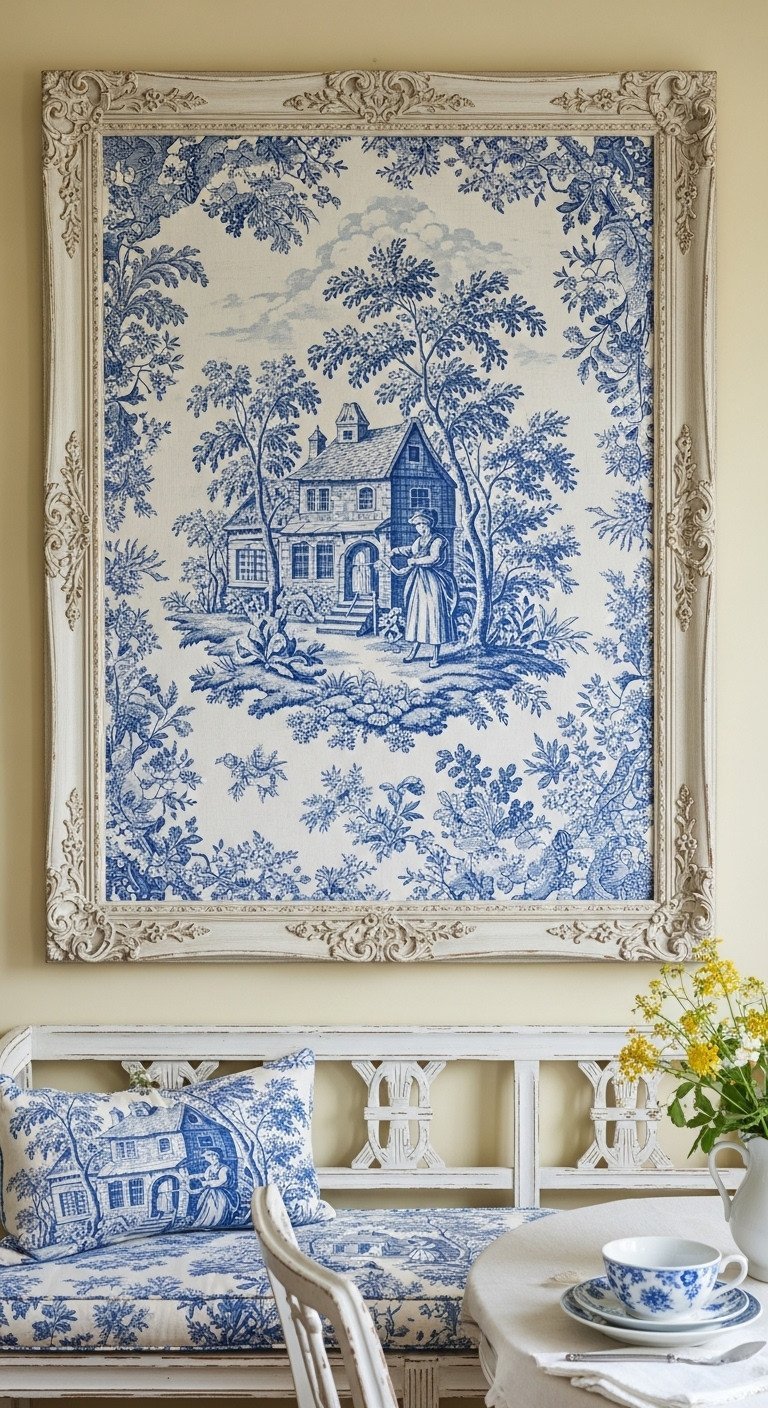 13 Stunning French Country Wall Decor Ideas For Your Kitchen 15 Framed blue and white Toile de Jouy fabric hangs as wall art on a yellow wall in a French country breakfast nook.