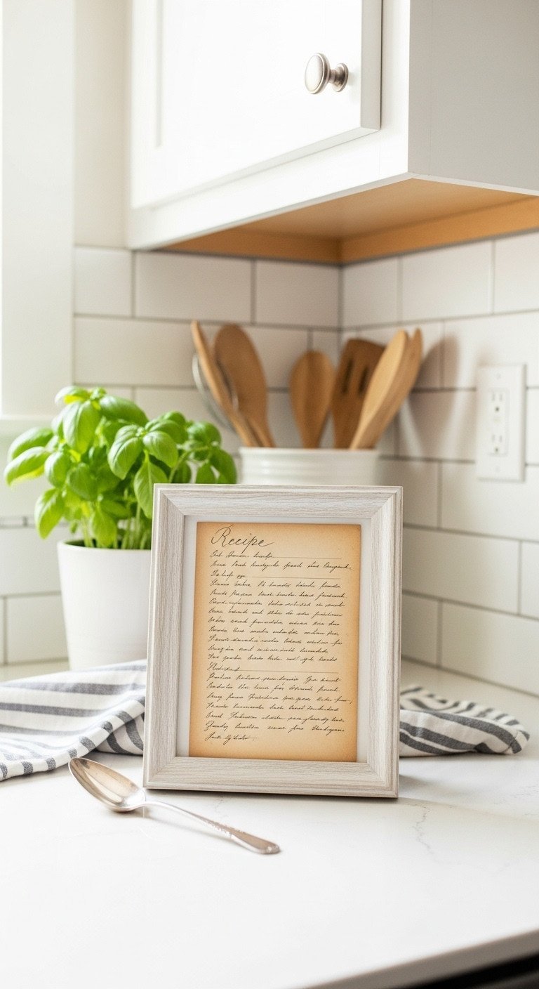 Create Beautiful Recipe Wall Art That Preserves Family Heirlooms 1 Framed handwritten recipe on cream paper leans on a white subway tile backsplash in a cozy modern farmhouse kitchen.