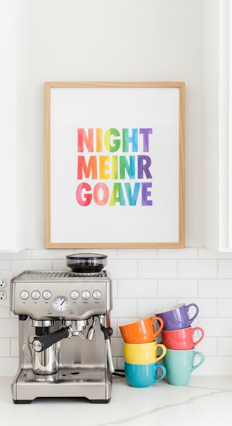 Framed typography art on a white subway tile backsplash at a modern kitchen coffee station with an espresso machine.