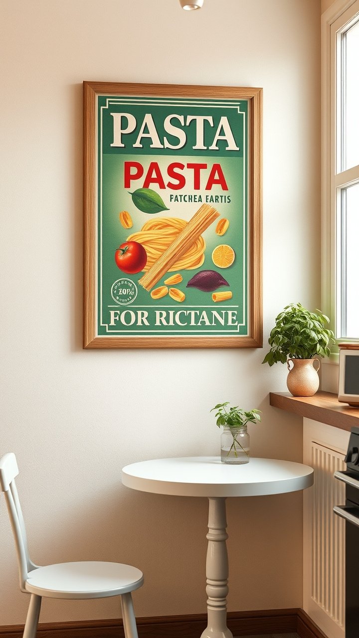 9 Brilliant Kitchen Wall Art Ideas And How To Hang Them 7 Framed vintage Italian pasta advertisement poster hanging on a cream wall, adding retro charm to a cozy kitchen breakfast nook.