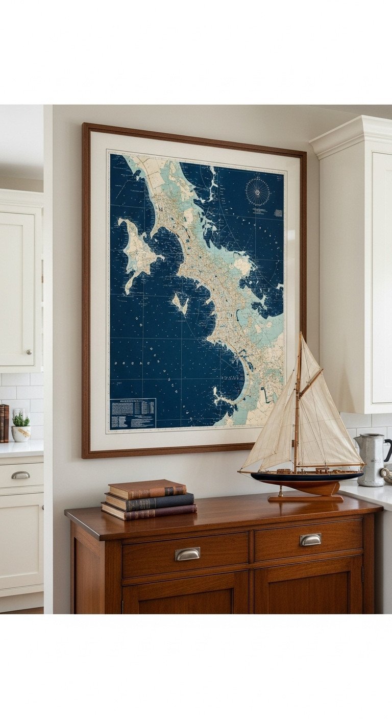 Stunning Navy Blue Kitchen Wall Decor And Styling Ideas 15 Framed vintage nautical chart with navy blue water hanging on a cream wall above a dark wood sideboard in a kitchen.